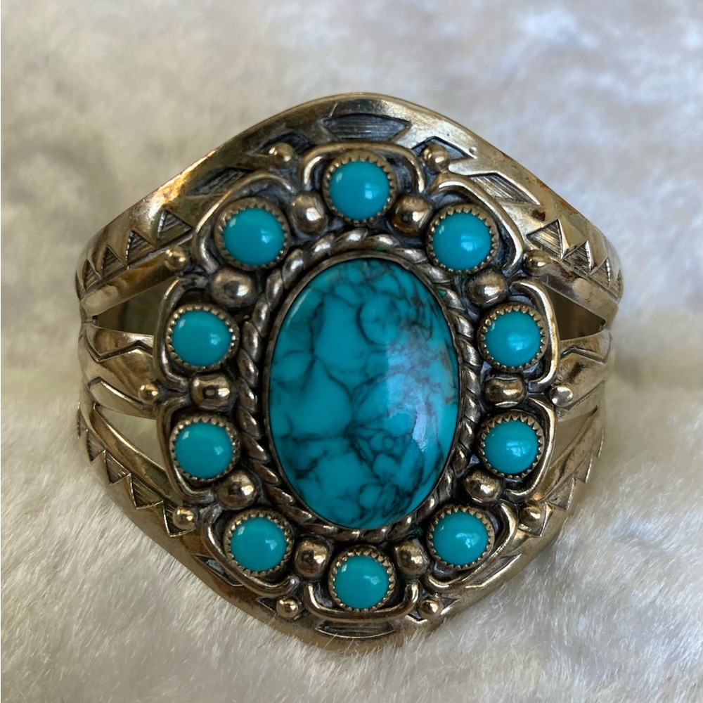 ☘️VTG Bell Trading Post Nickel Silver Turquoise Cuff Bracelet